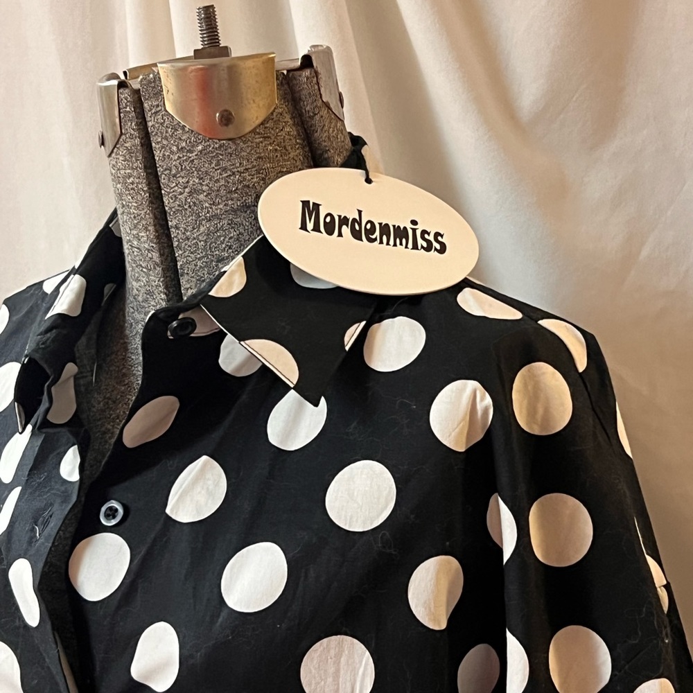 NWT Mordenmiss xl collared dress shirt dress, long sleeve black white polkadots